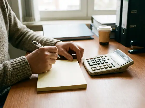 Calculatrice et fiches de paie sur un bureau de comptable