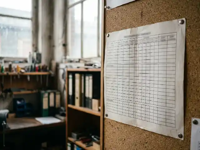 Planning hebdomadaire d'une équipe punaisé dans un bureau d'atelier